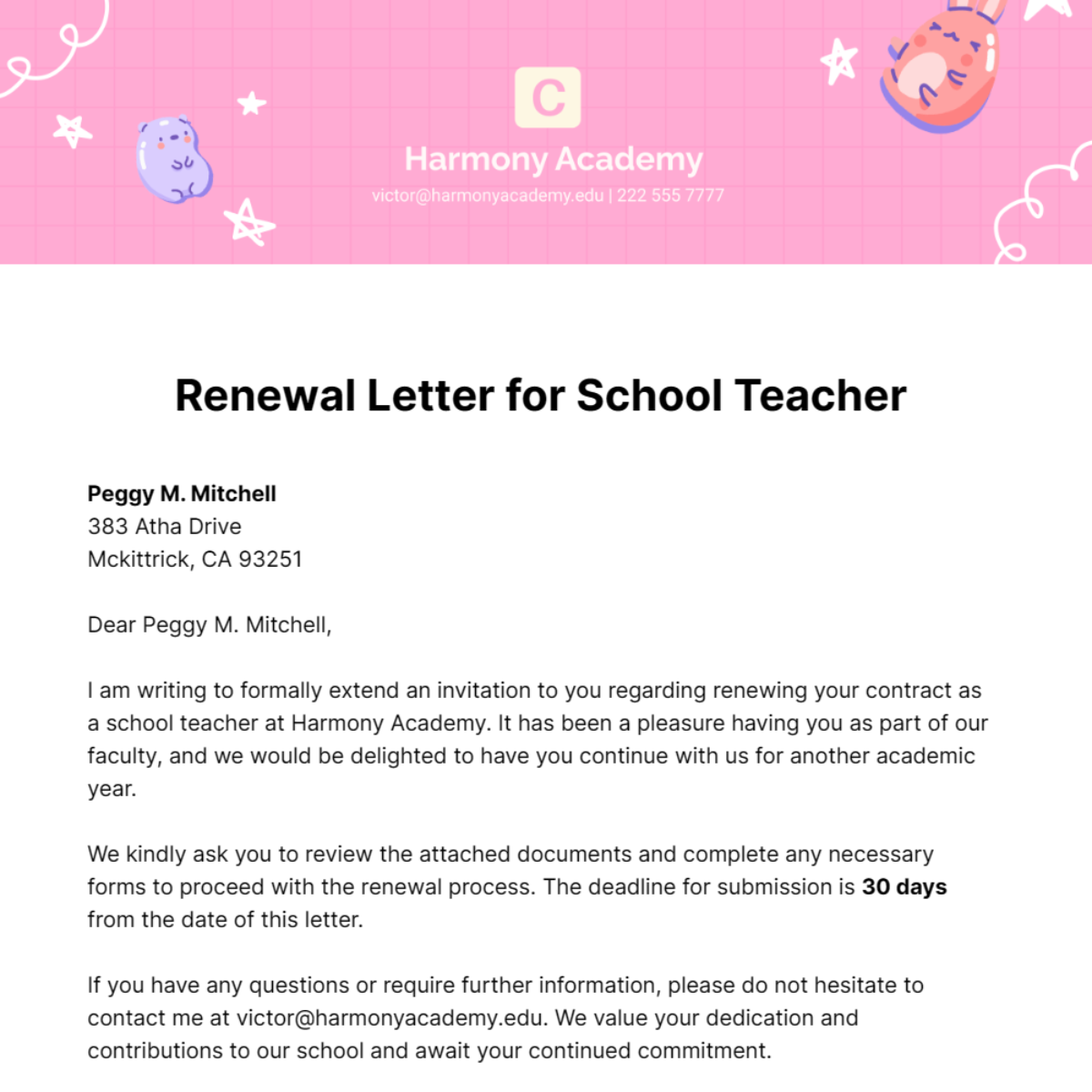 Renewal Letter for School Teacher   Template