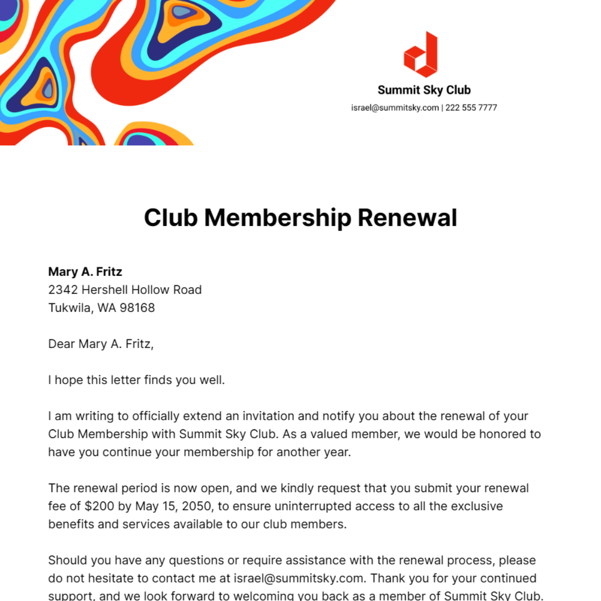 Club Membership Renewal Letter   Template