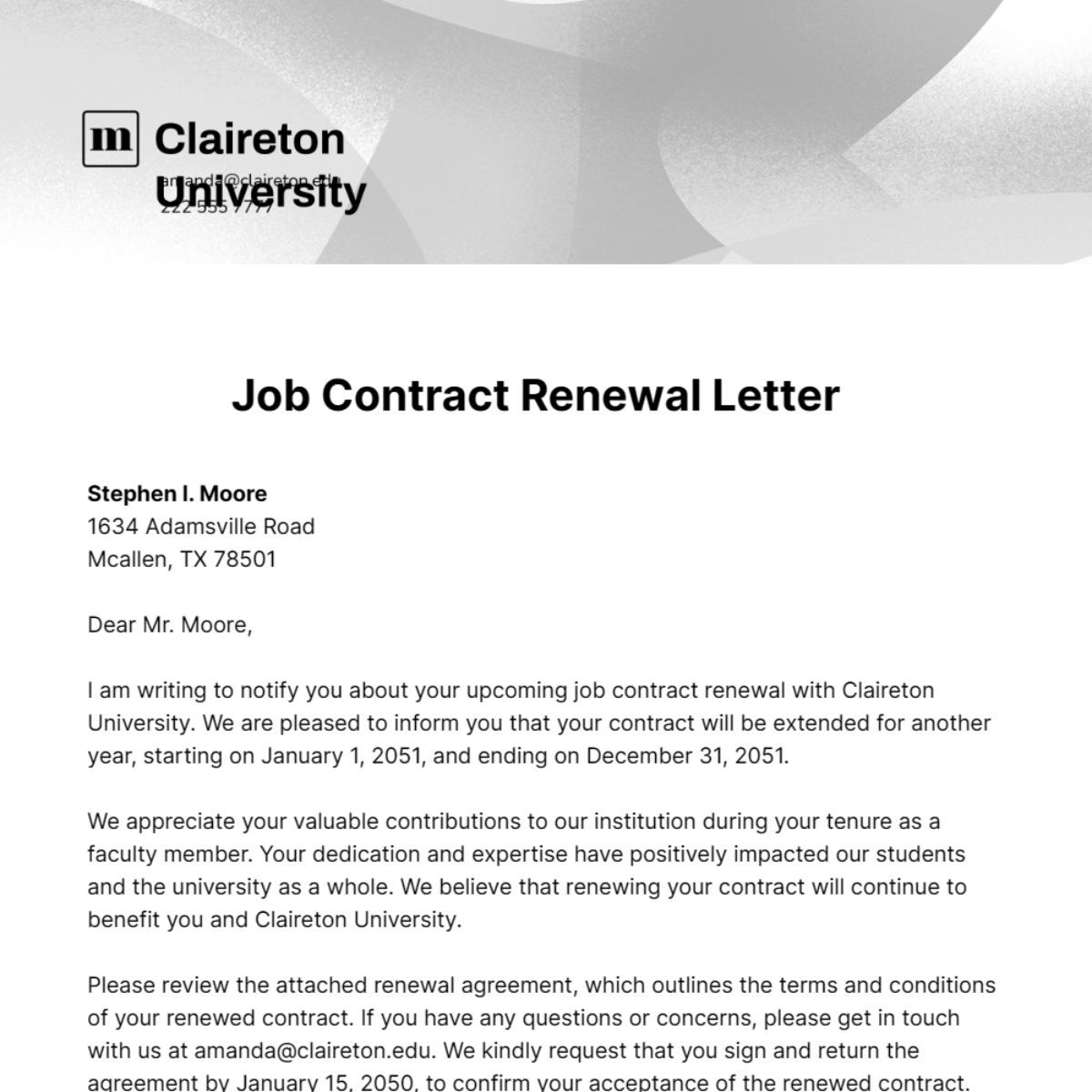 Job Contract Renewal Letter   Template