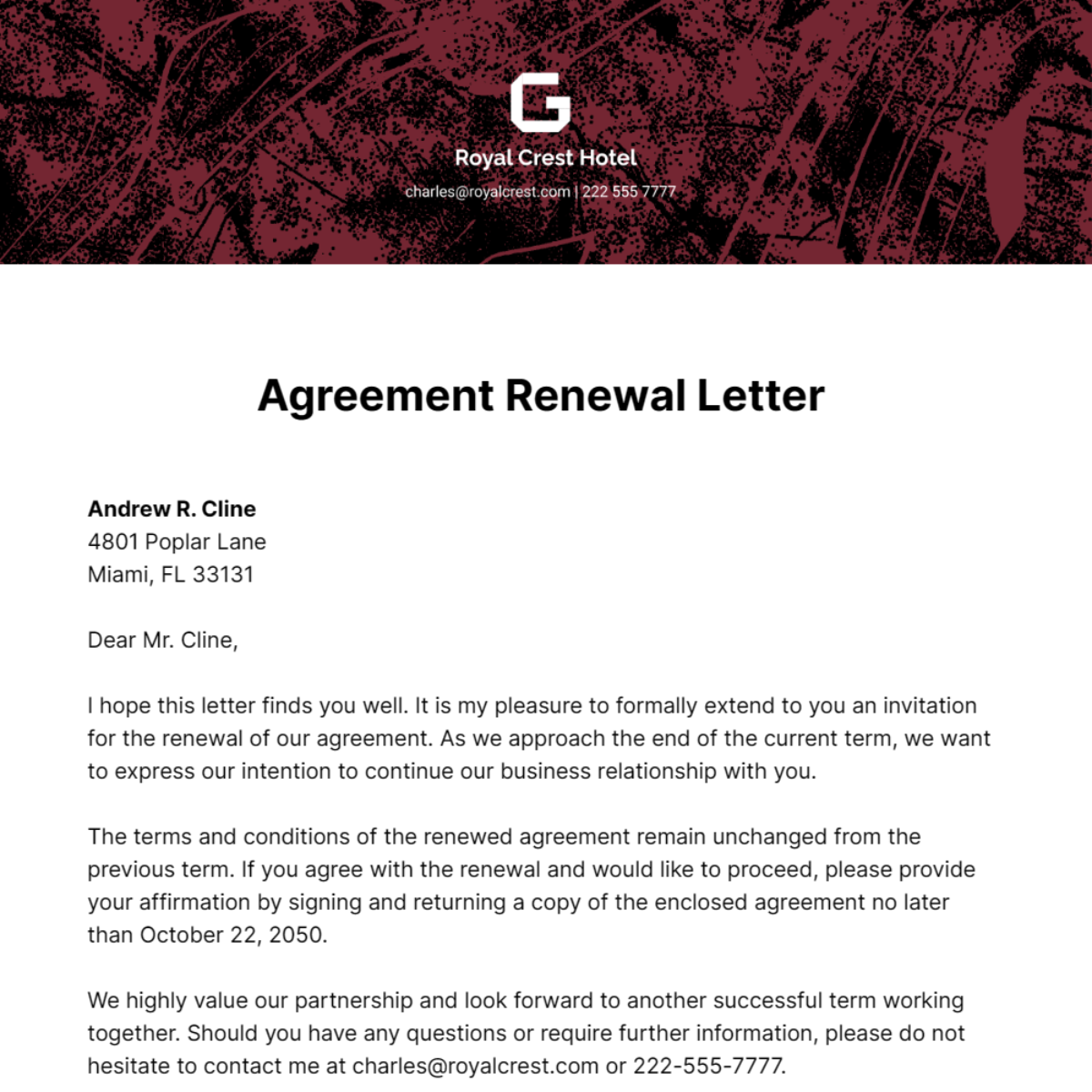 Agreement Renewal Letter  Template