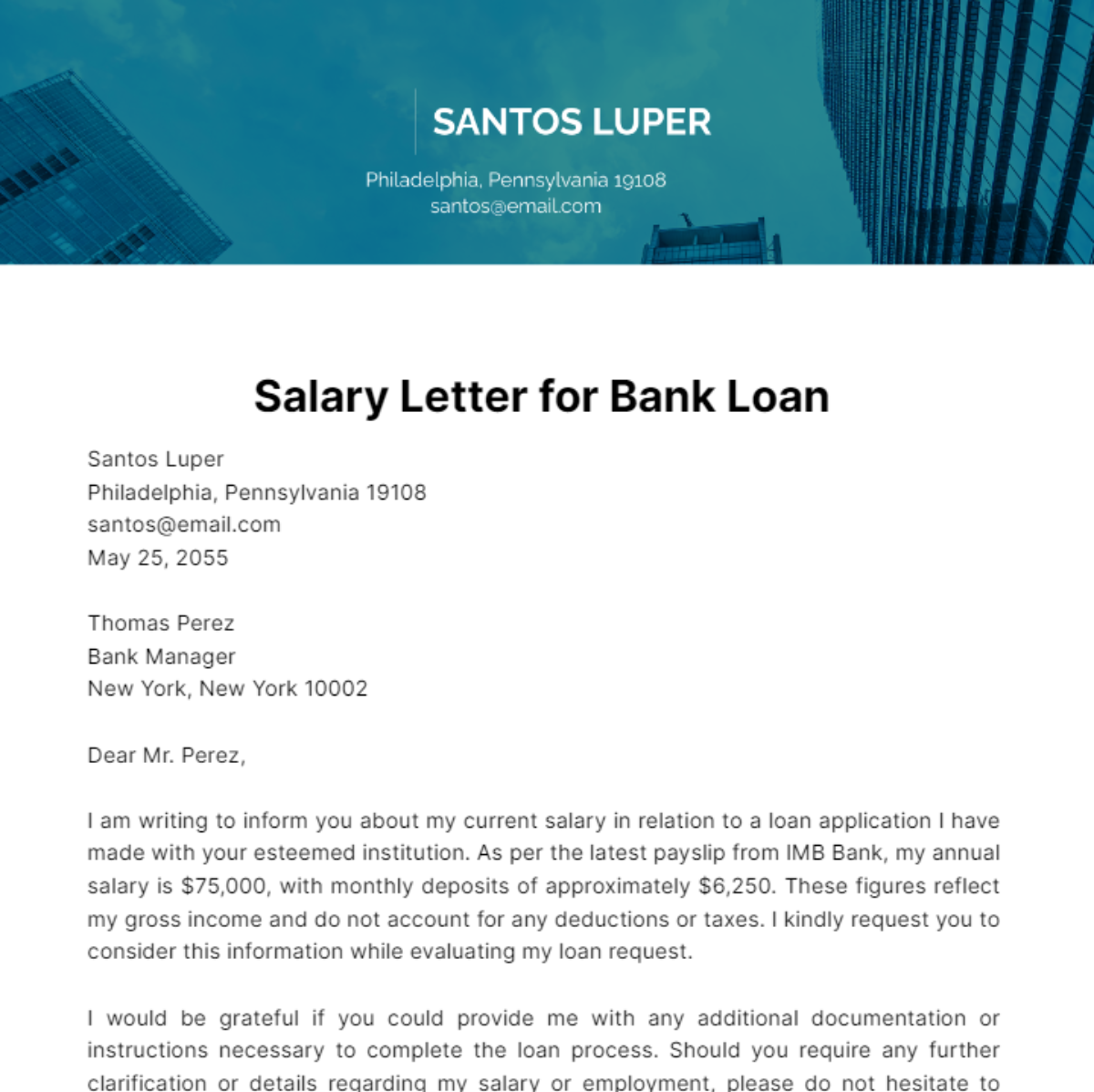 Free Salary Letter for Bank Loan Template