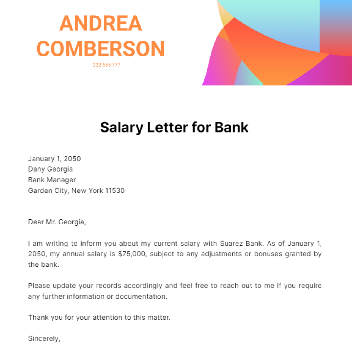 Free Salary Letter for Bank Template