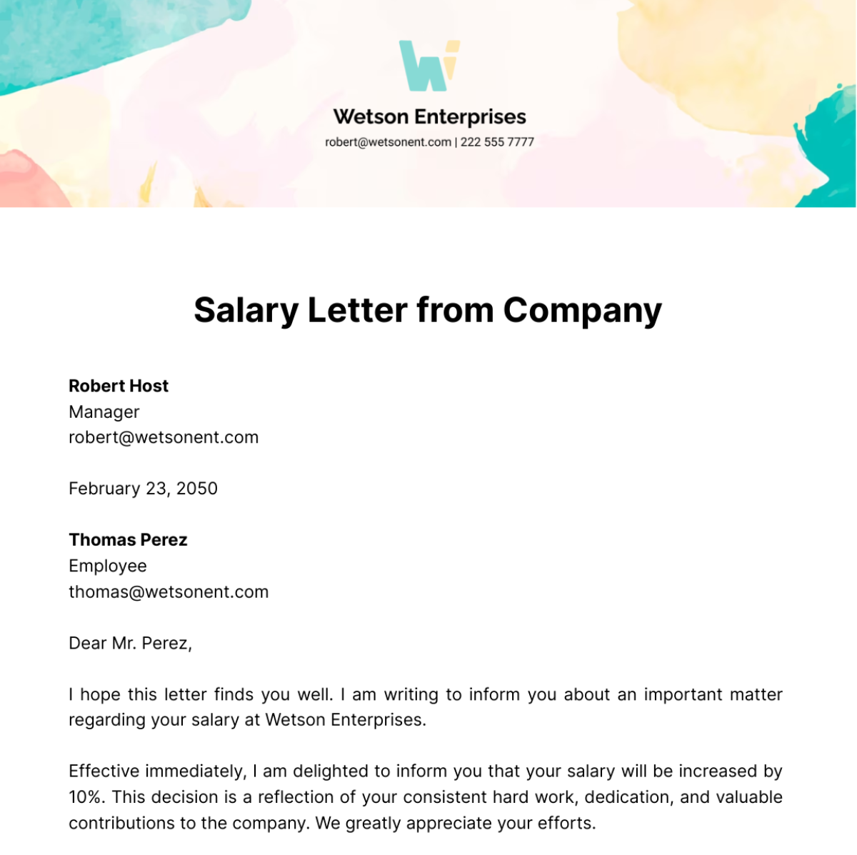 Salary Letter from Company Template