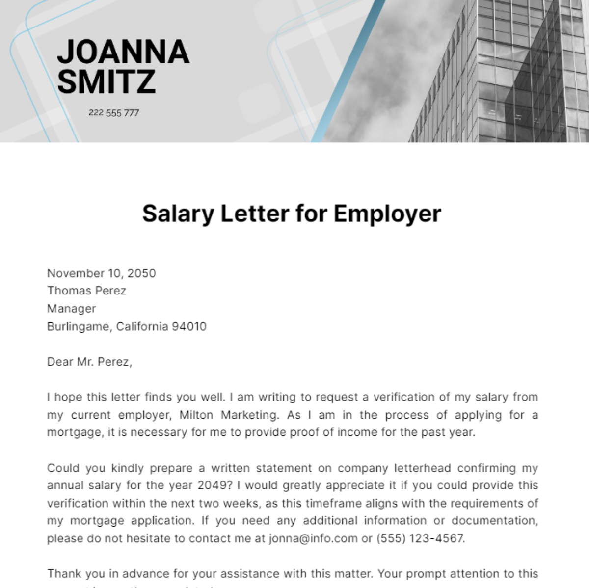Free Salary Letter for Employer Template