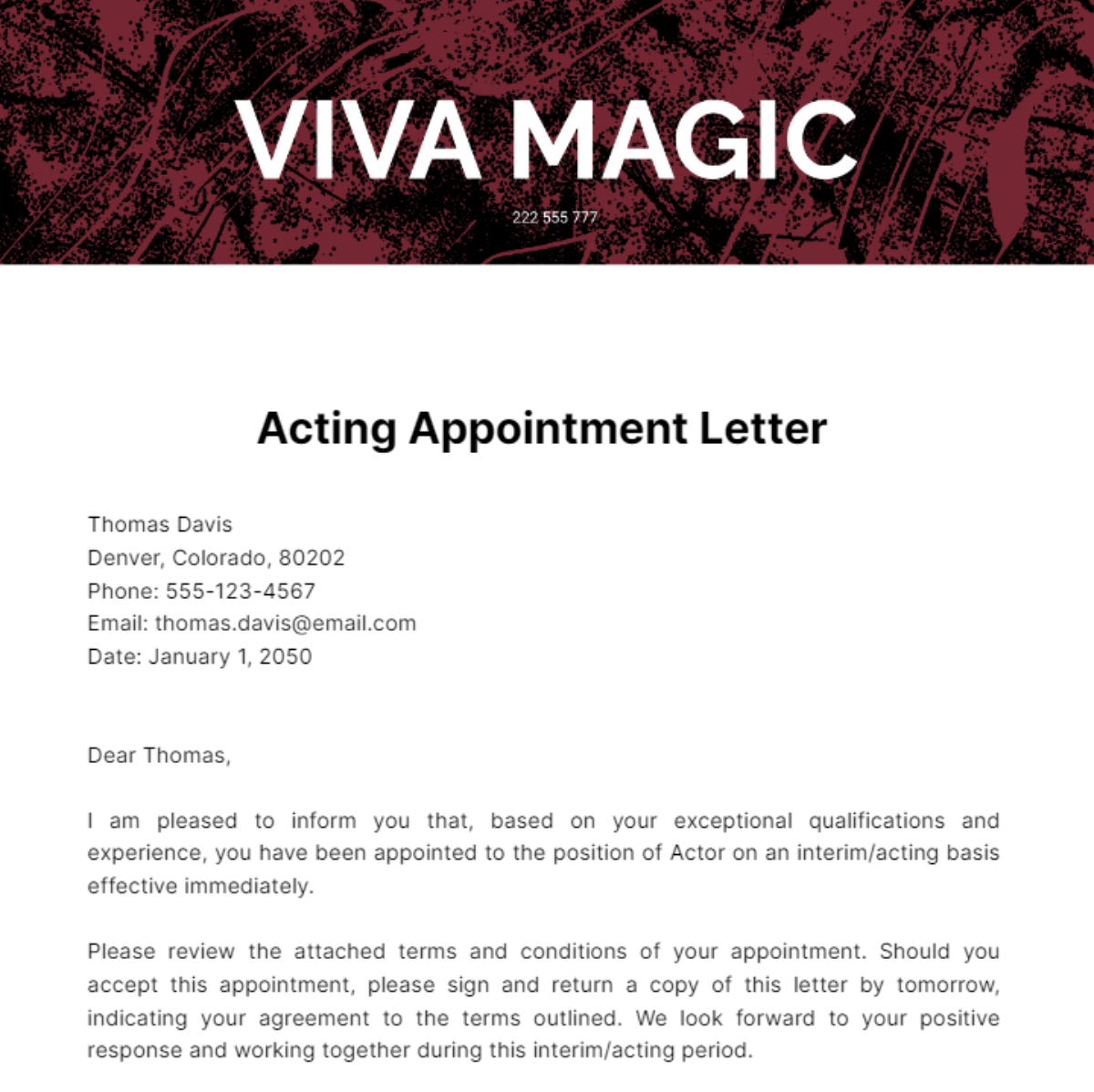 Free Acting Appointment Letter Template