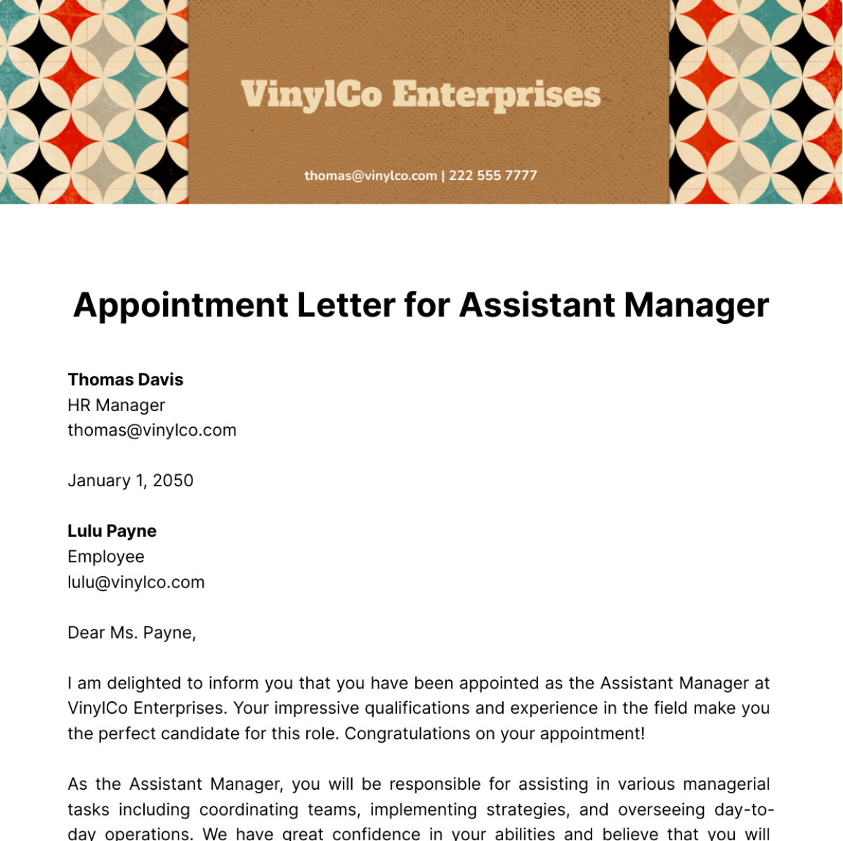 Free Appointment Letter for Assistant Manager Template