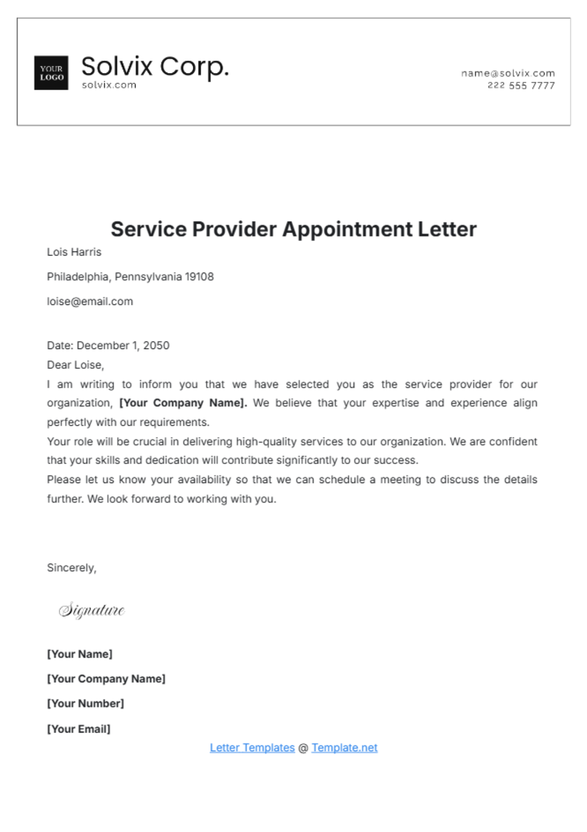 Service Provider Appointment Letter Template - Edit Online & Download