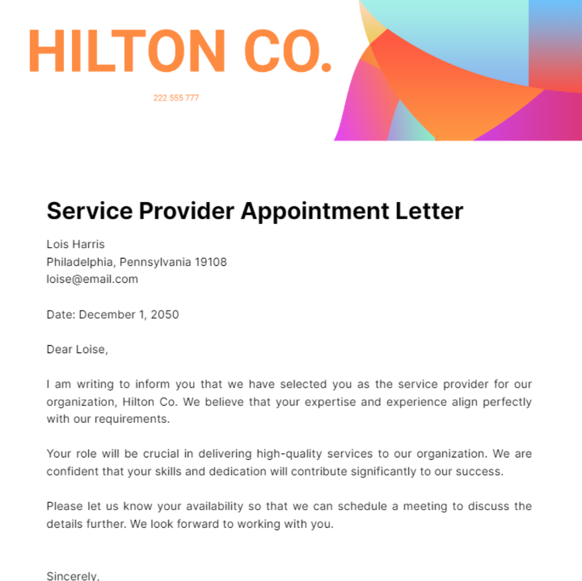 Free Service Provider Appointment Letter Template