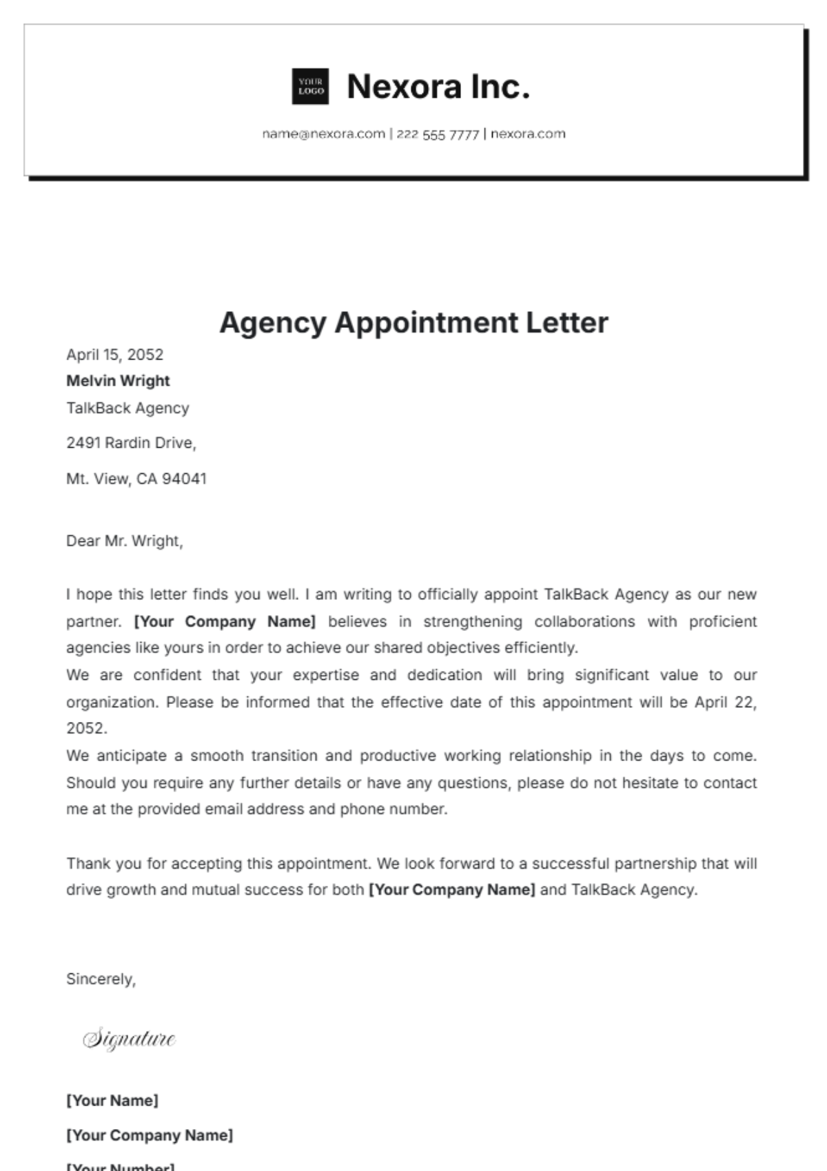 Agency Appointment Letter Template