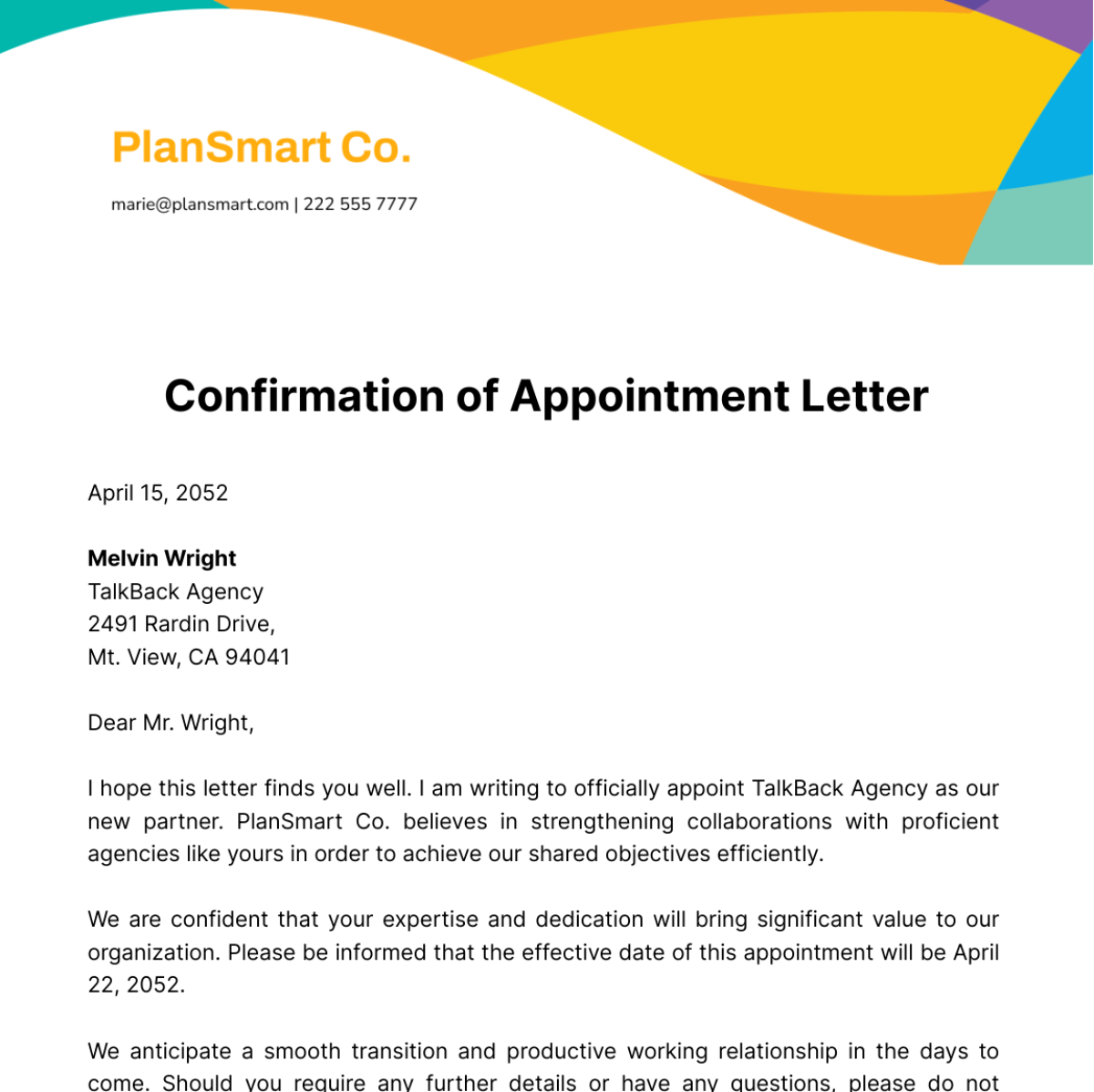 Free Agency Appointment Letter Template