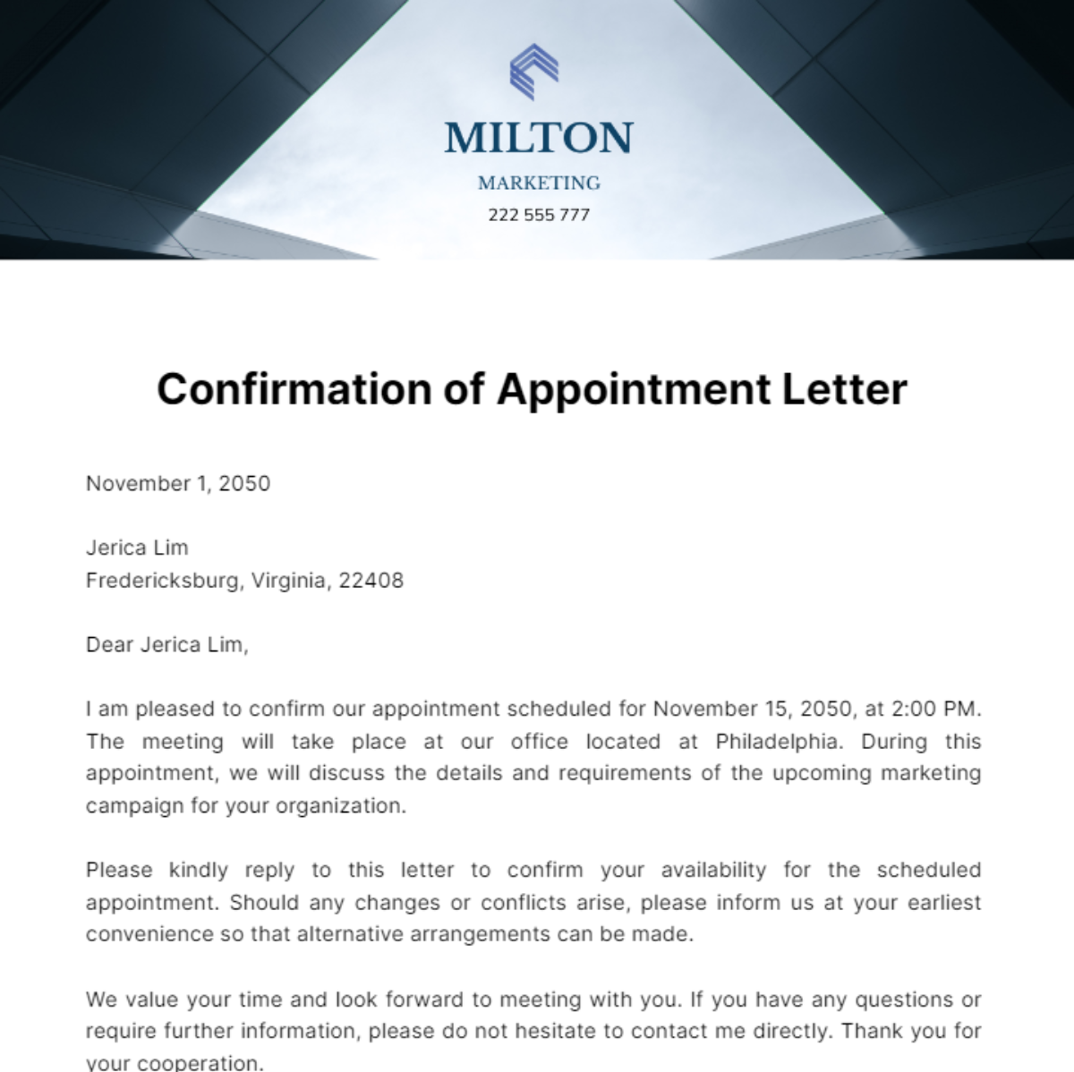 Free Confirmation of Appointment Letter Template