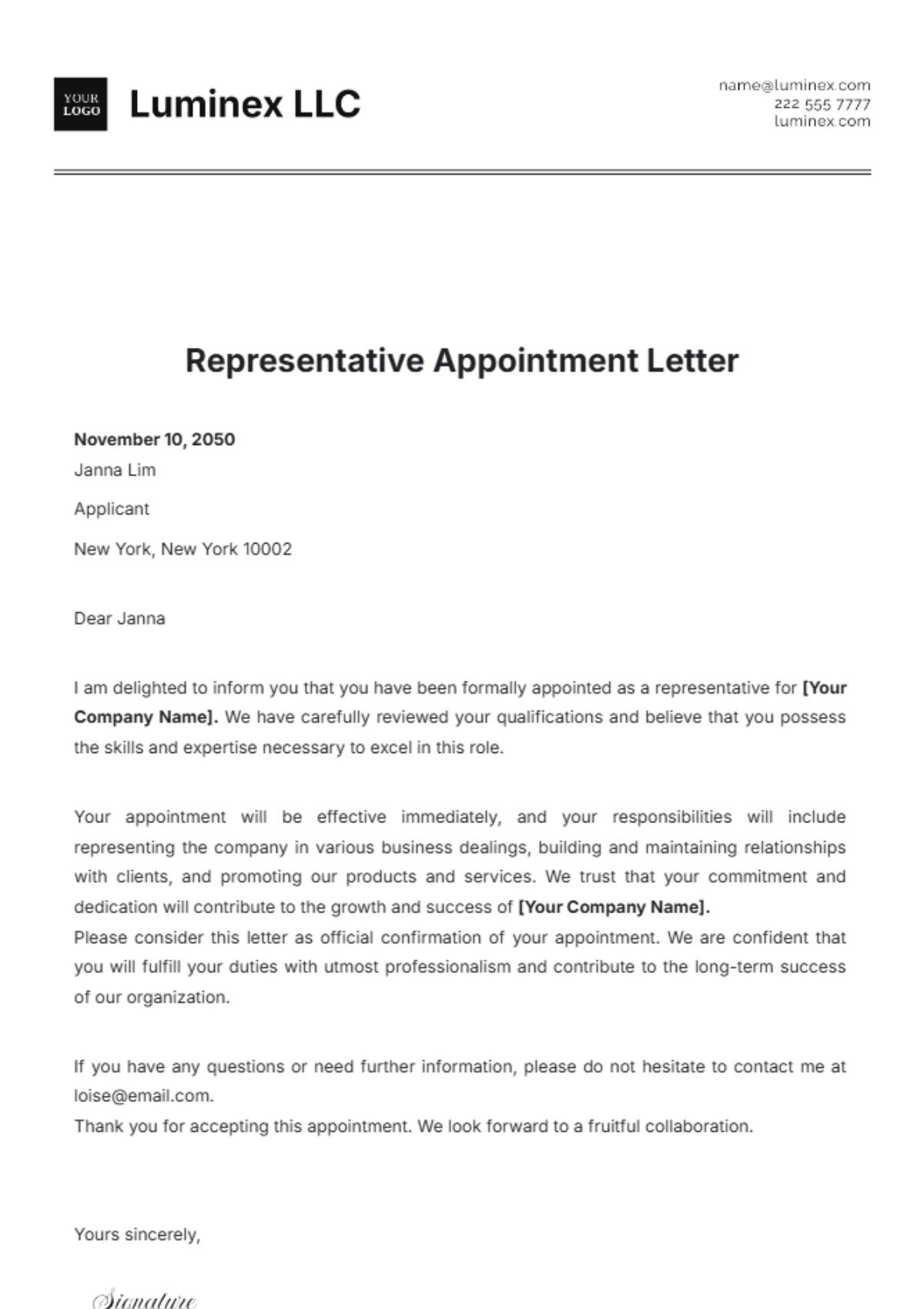 Representative Appointment Letter Template