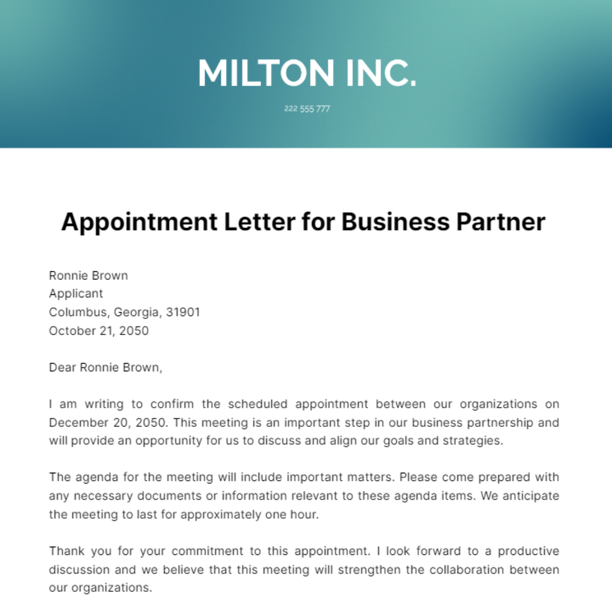 Appointment Letter for Business Partner Template