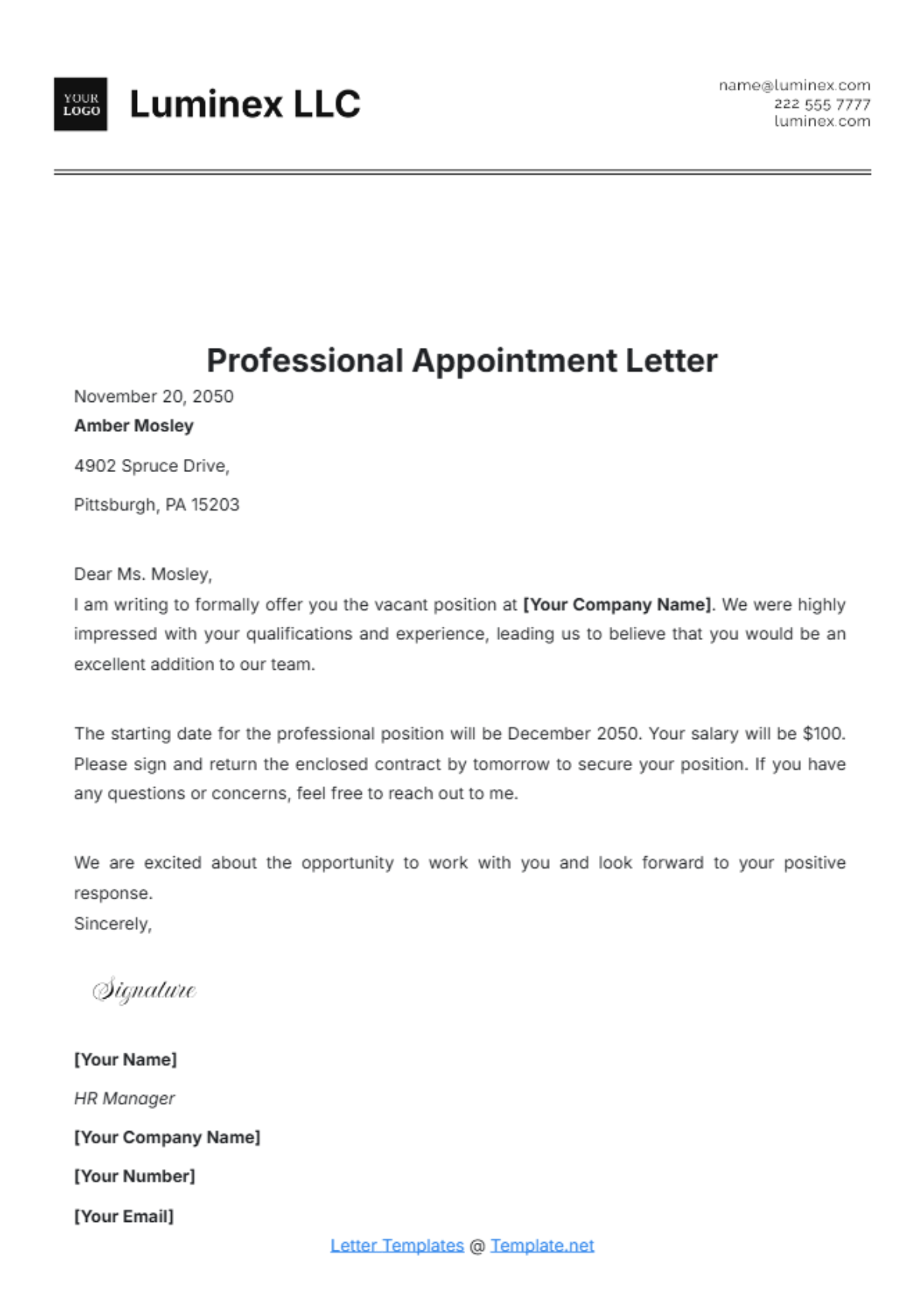 Professional Appointment Letter Template