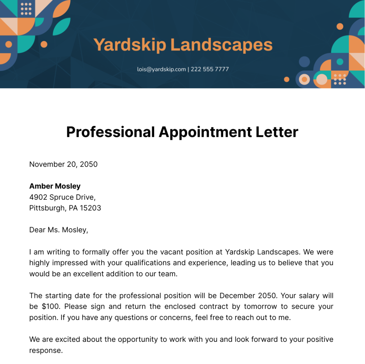Free Professional Appointment Letter Template