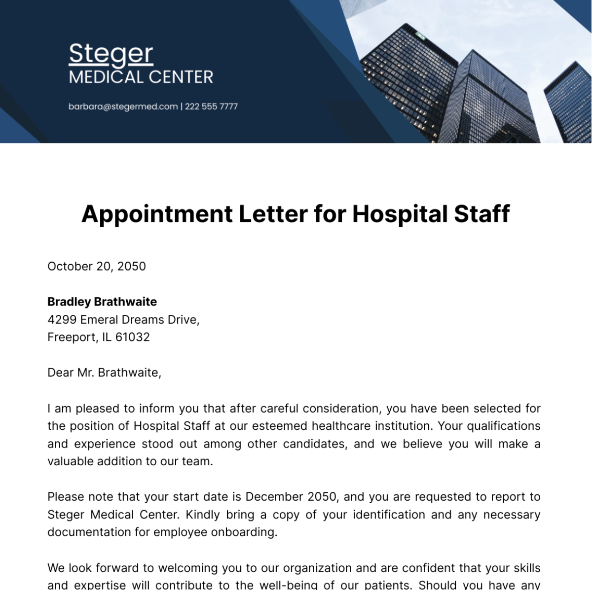Free Appointment Letter for Hospital Staff Template