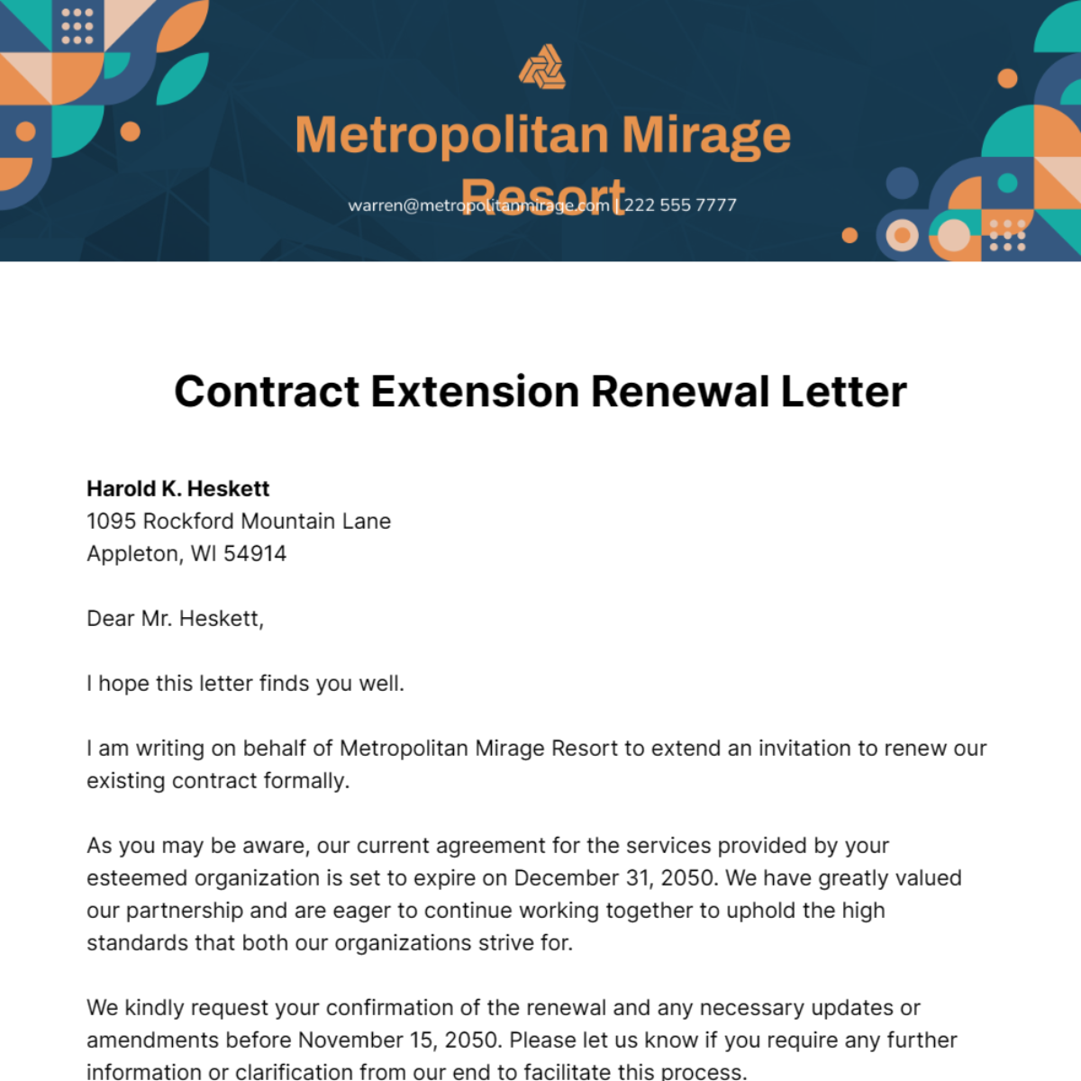 Contract Extension Renewal Letter   Template