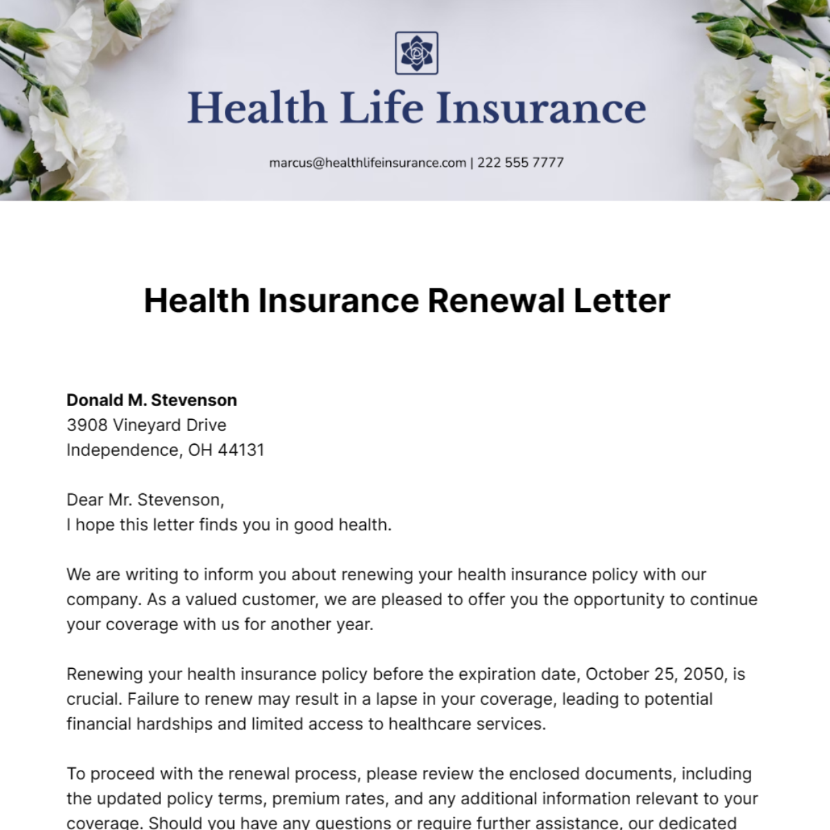 Health Insurance Renewal Letter   Template