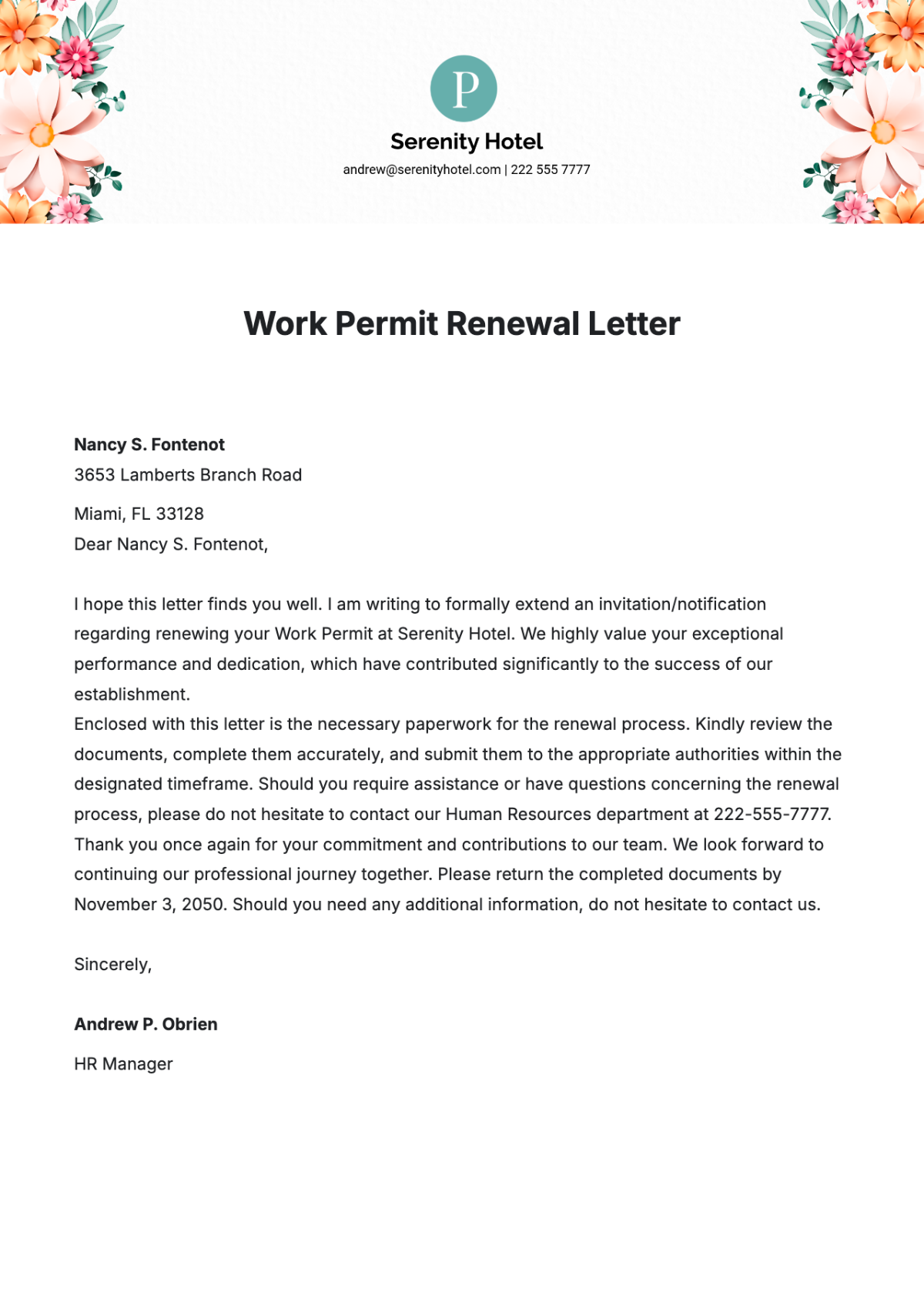 Work Permit Renewal Letter  Template - Edit Online & Download