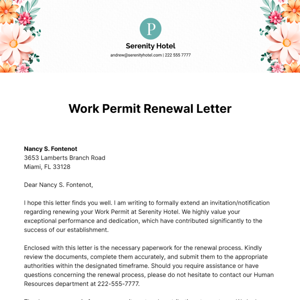 Work Permit Renewal Letter  Template