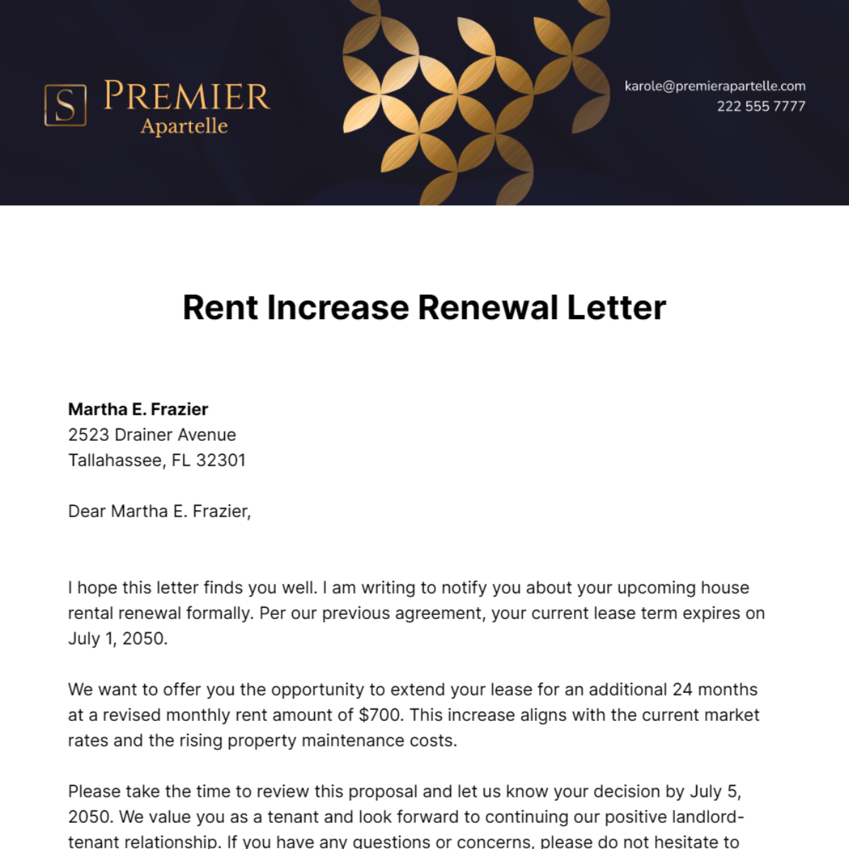 Rent Increase Renewal Letter  Template