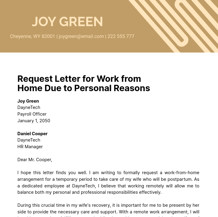 Request Letter for Work from Home Due to Personal Reasons   Template