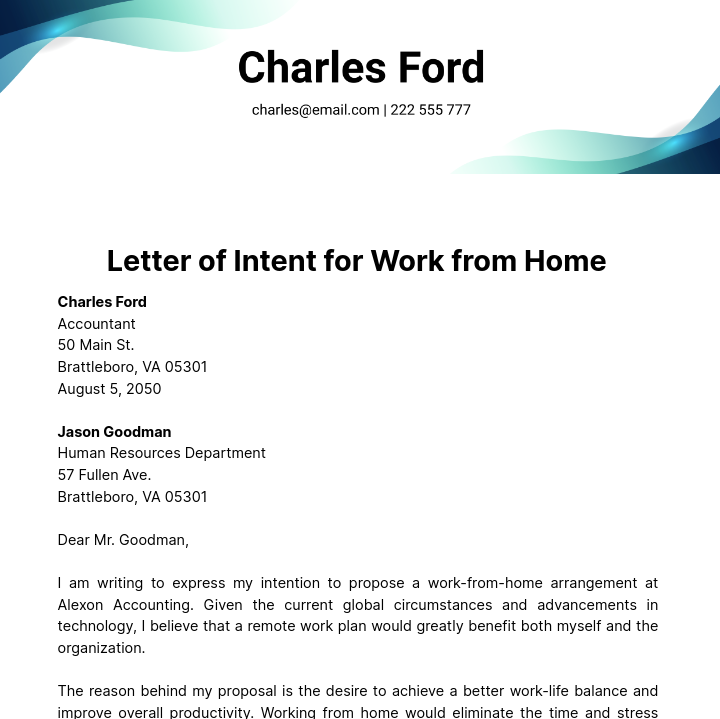 Letter of Intent for Work from Home   Template