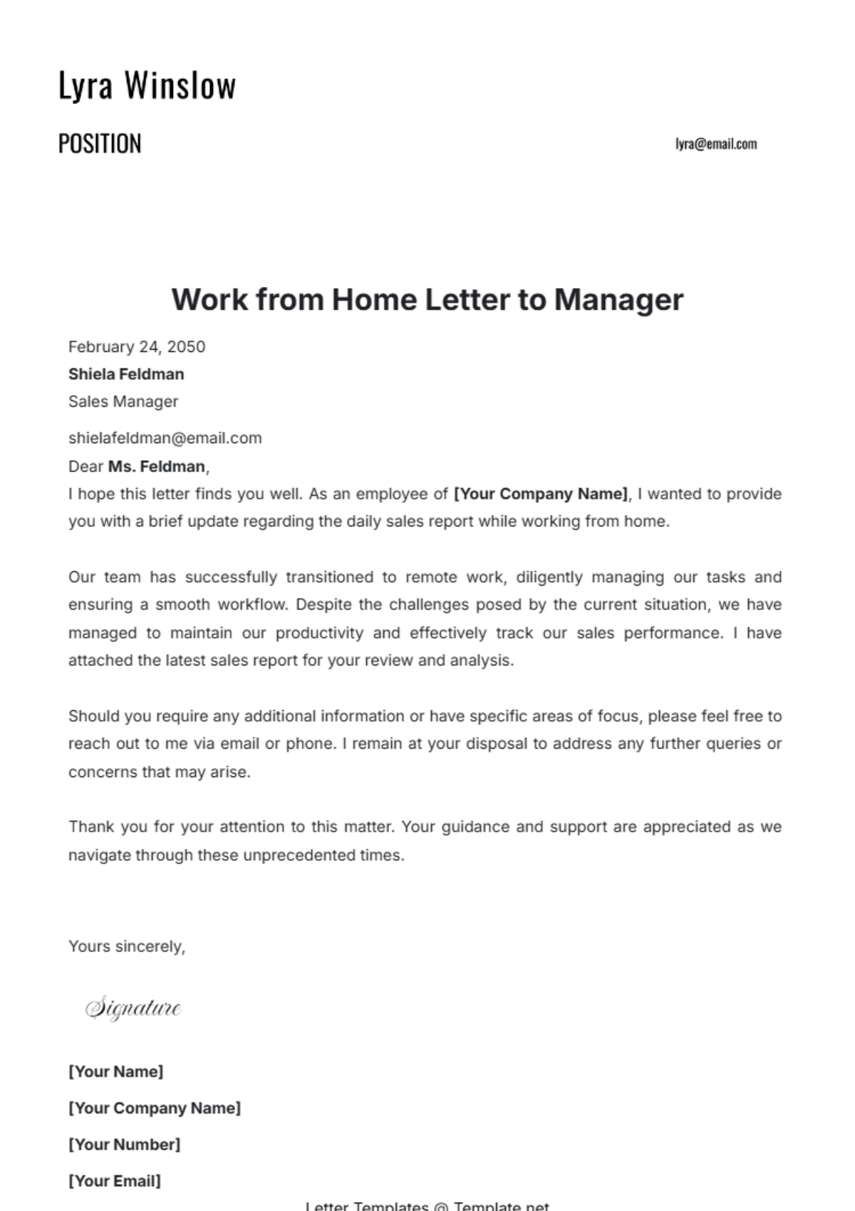 Work from Home Letter to Manager Template