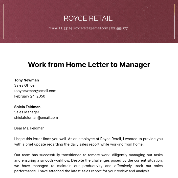 Work from Home Letter to Manager   Template