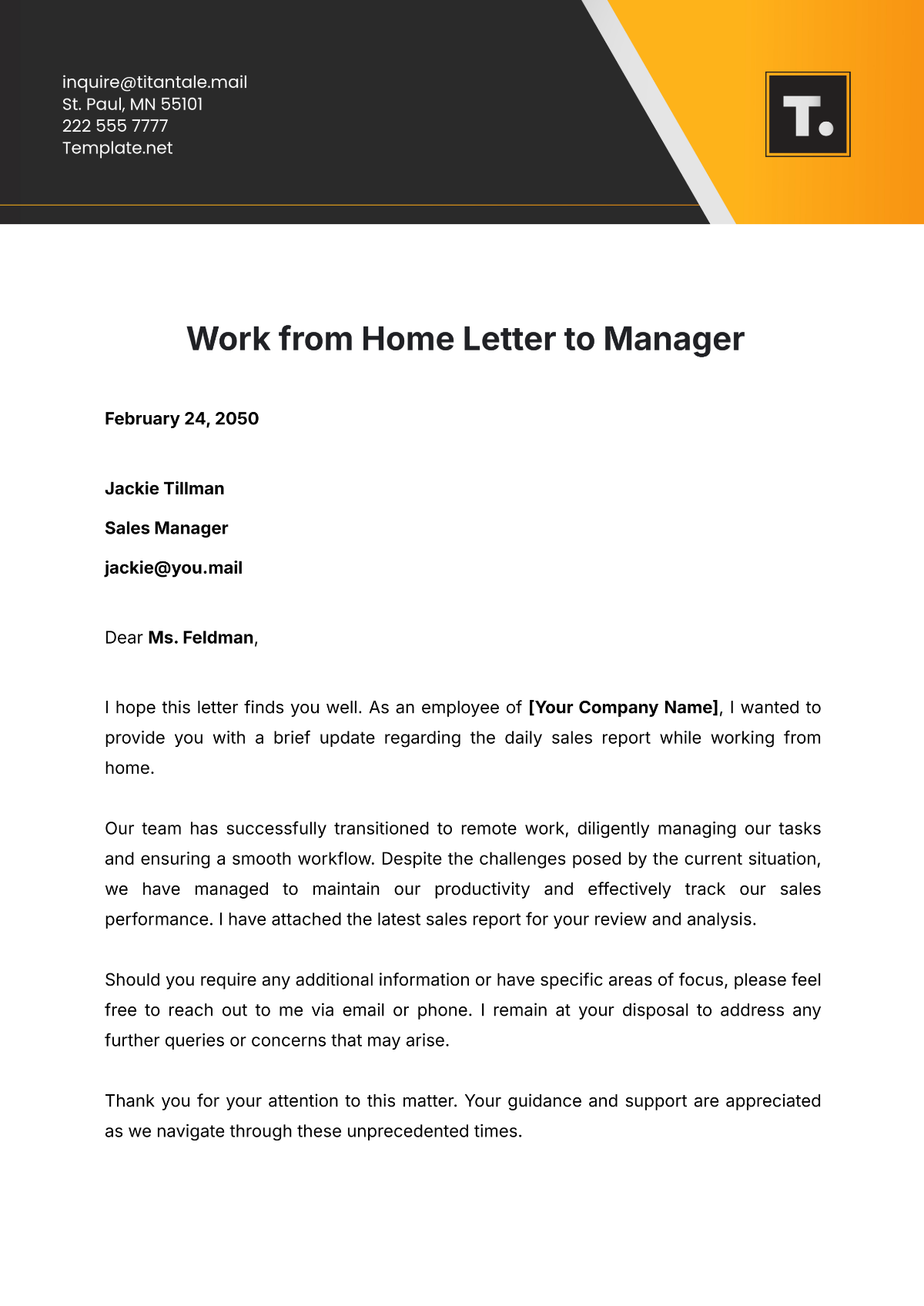 Work from Home Letter to Manager Template - Edit Online & Download