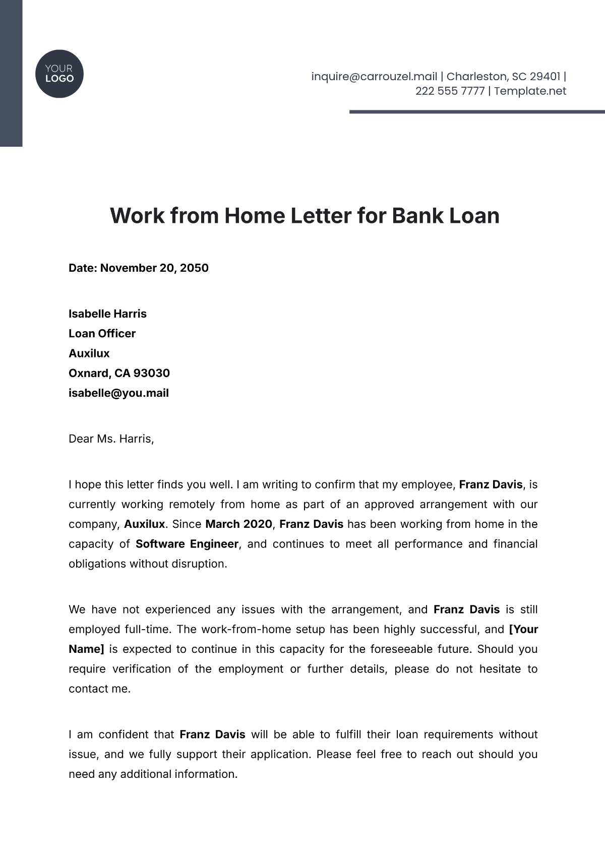 Work from Home Letter for Bank Loan Template - Edit Online & Download