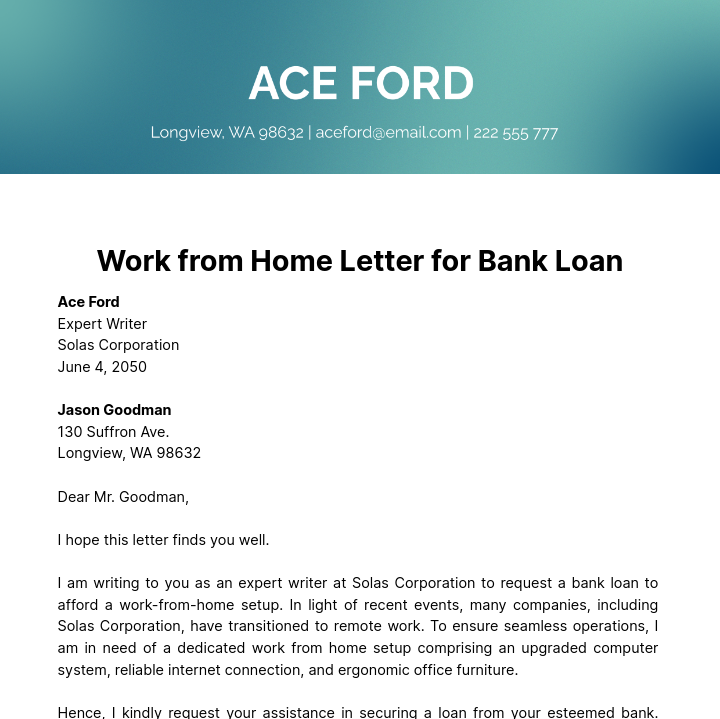 Work from Home Letter for Bank Loan   Template