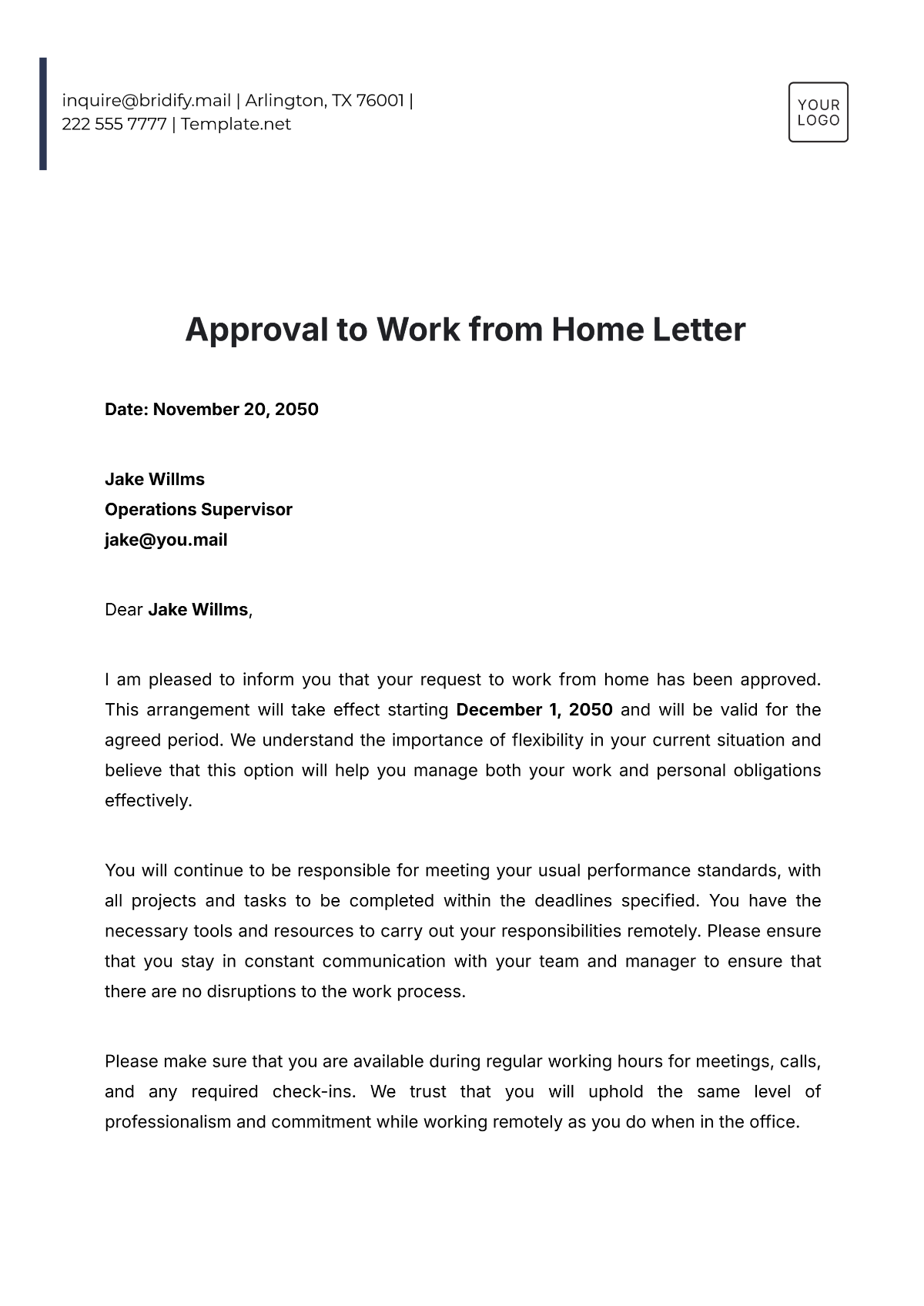 Approval to Work from Home Letter Template - Edit Online & Download