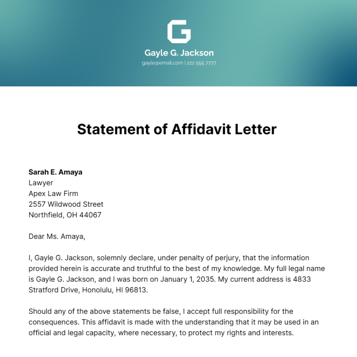 Free Statement of Affidavit Letter  Template