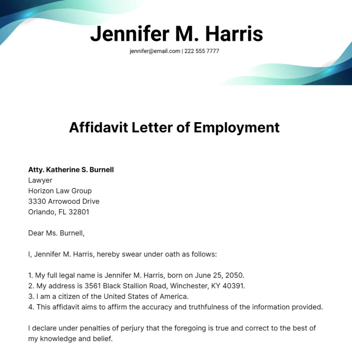 Affidavit Letter of Employment  Template