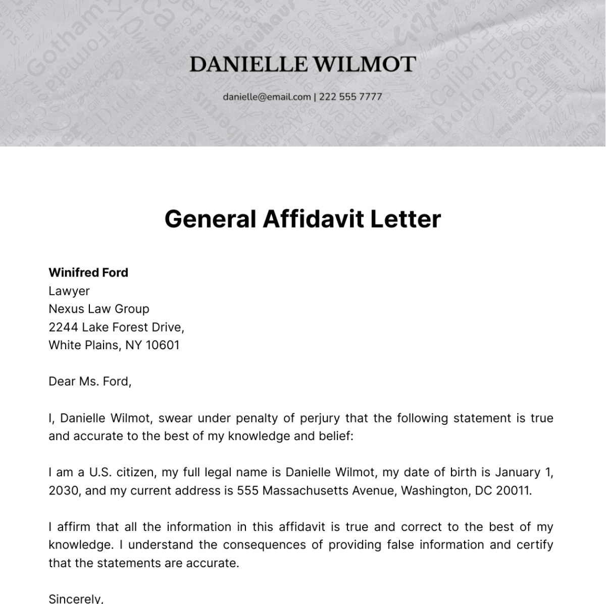 Free General Affidavit Letter   Template