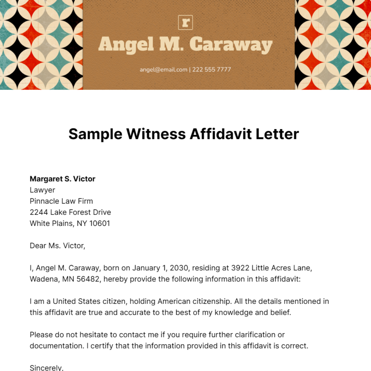 Free Sample Witness Affidavit Letter   Template