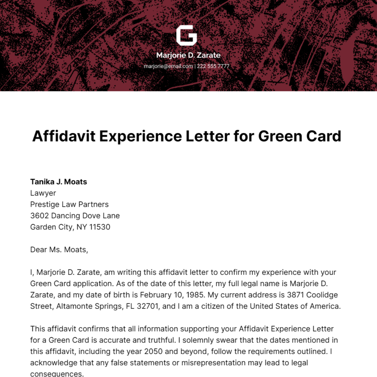 Affidavit Experience Letter for Green Card   Template