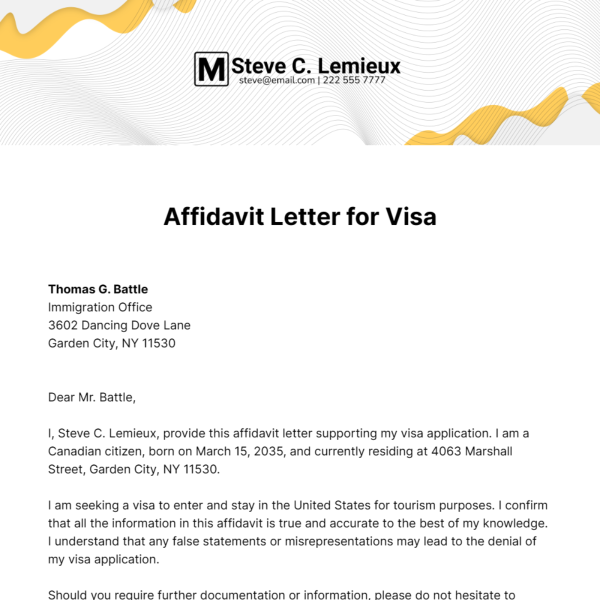 Free Affidavit Letter for Visa Template