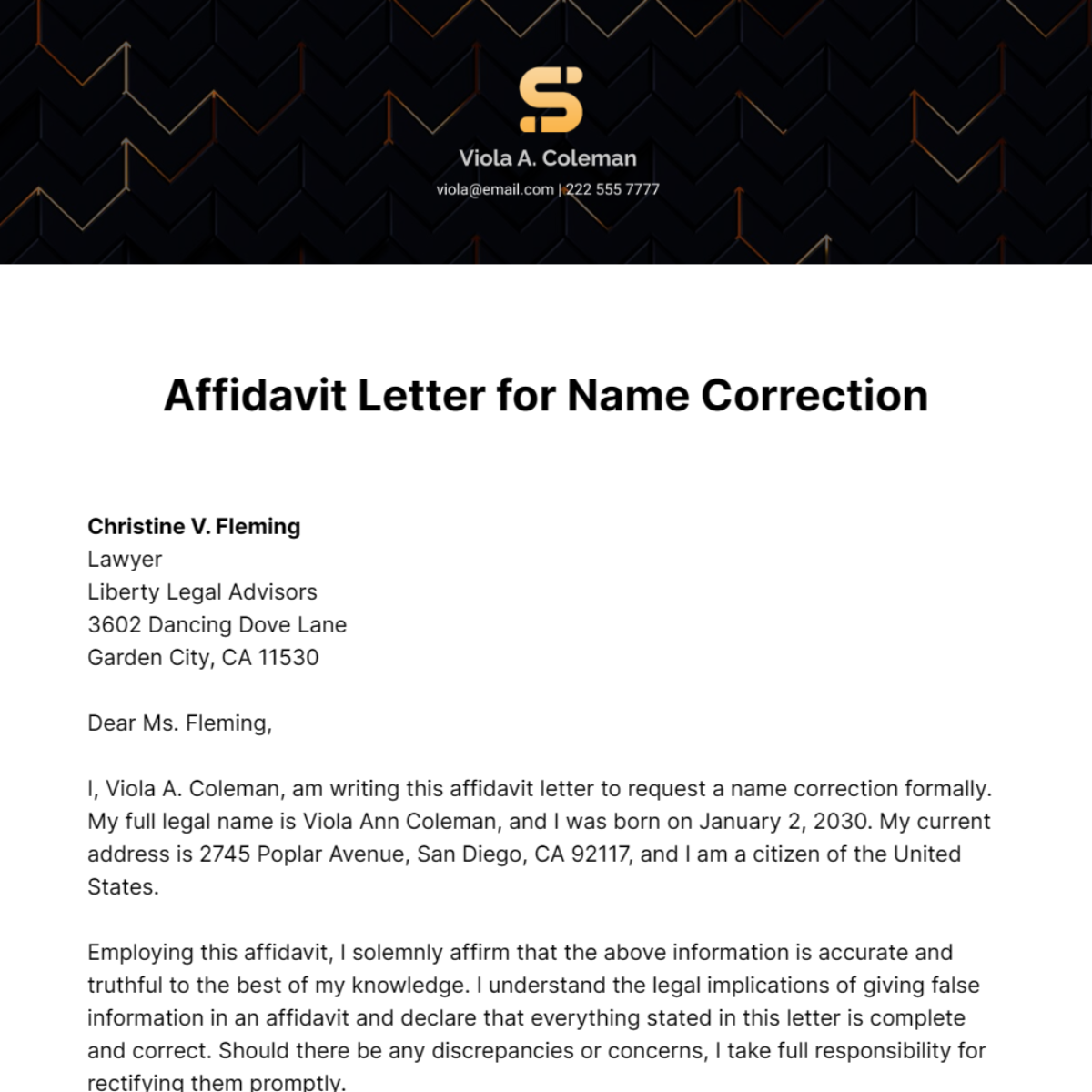 Affidavit Letter for Name Correction Template