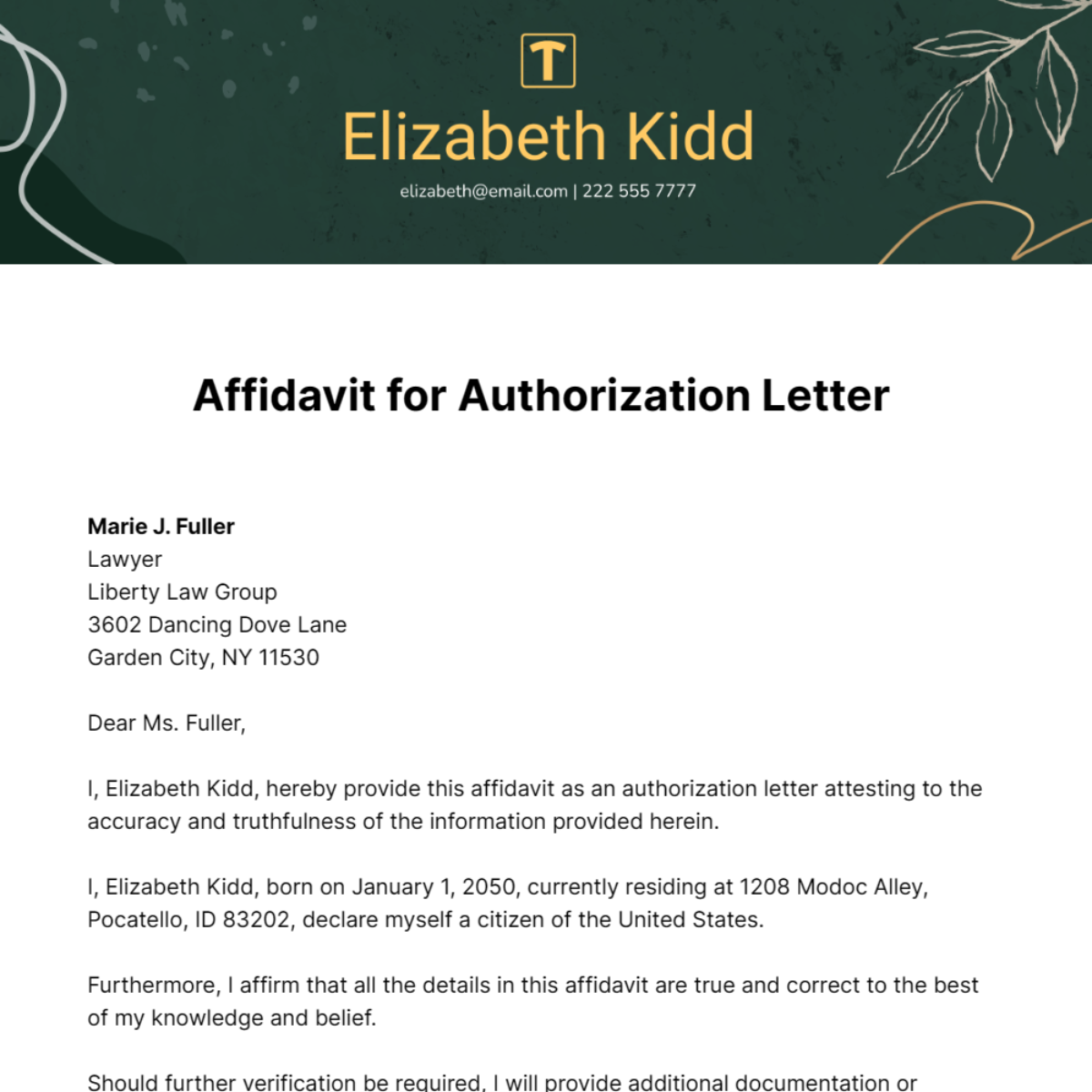 Affidavit for Authorization Letter Template