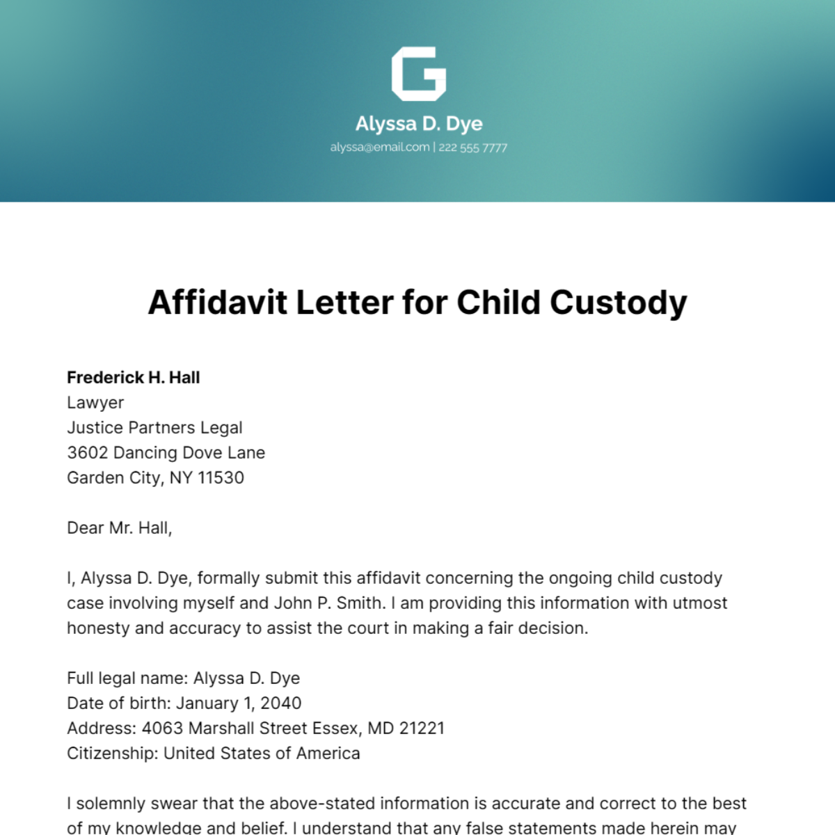 Affidavit Letter for Child Custody Template