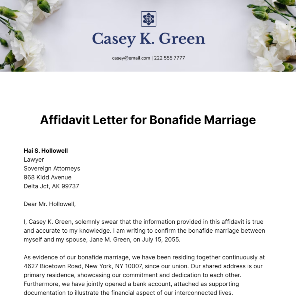 Affidavit Letter for Bonafide Marriage Template