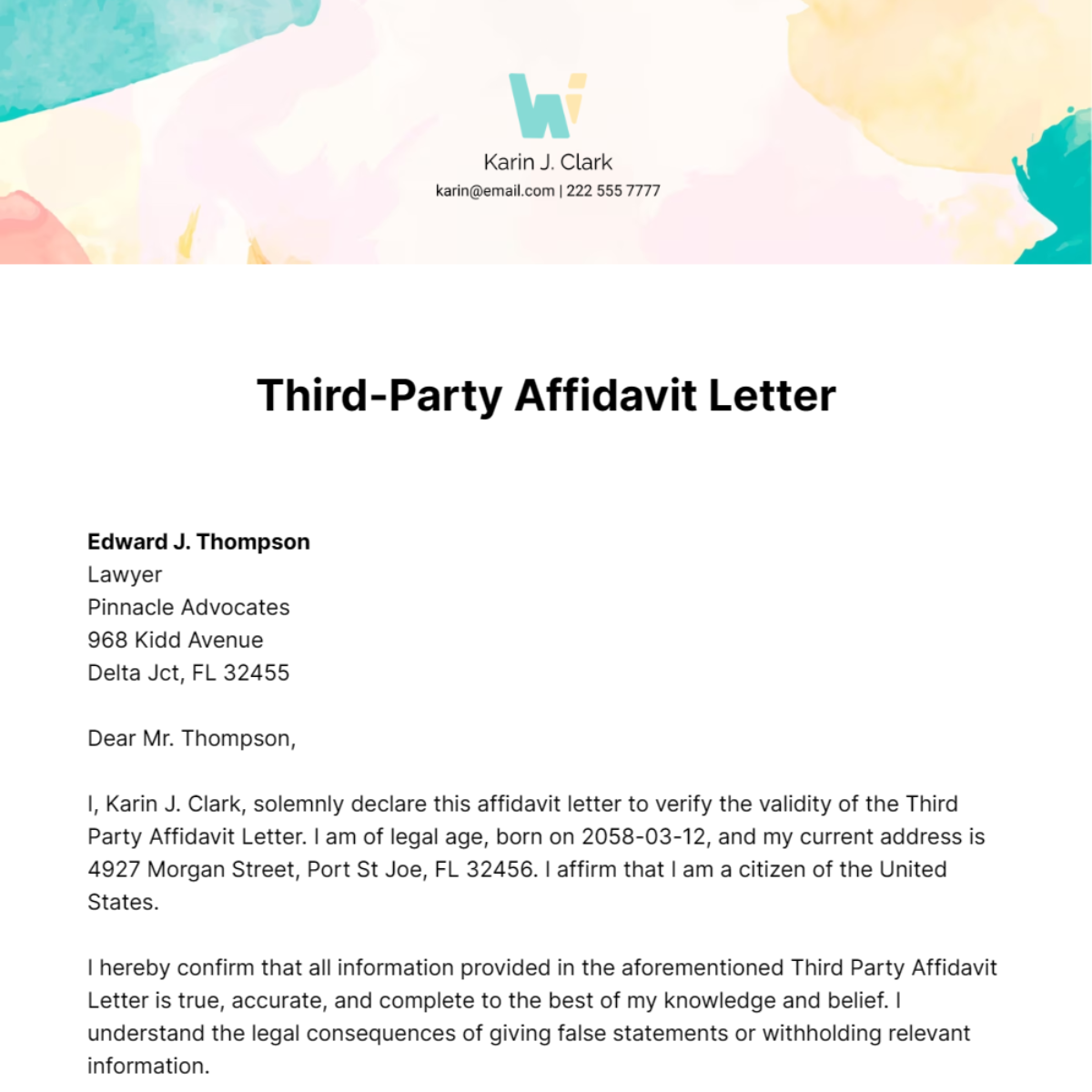Free Third Party Affidavit Letter   Template