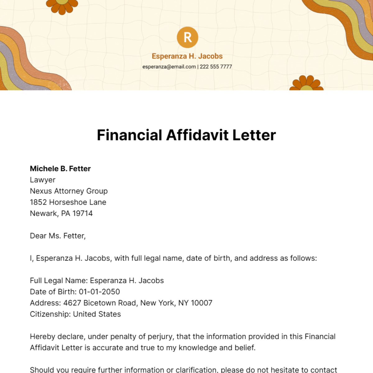 Financial Affidavit Letter Template