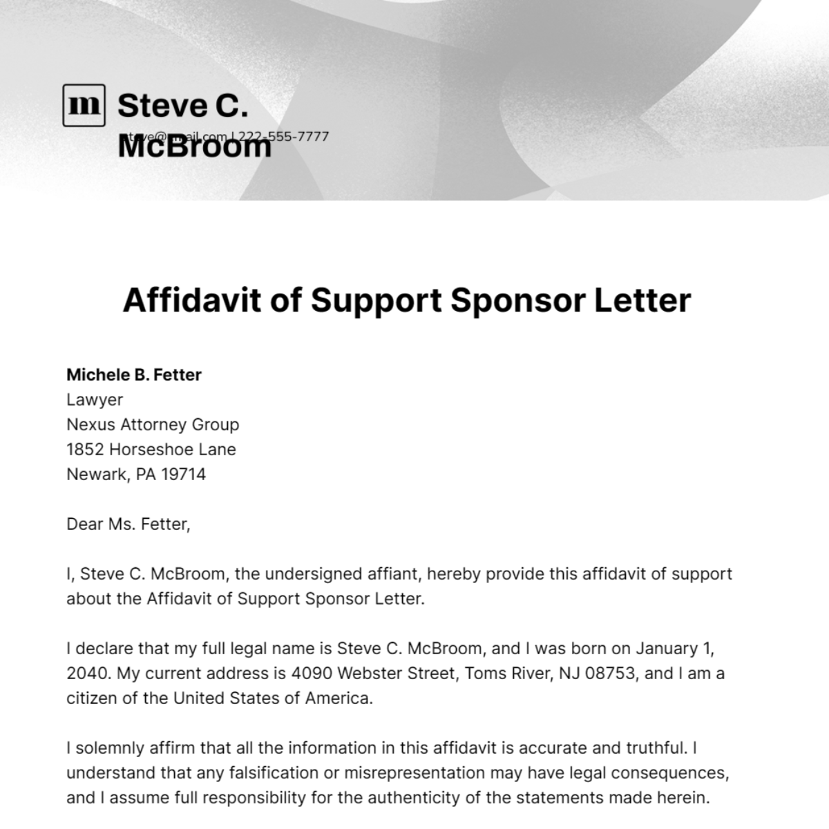 Affidavit of Support Sponsor Letter Template