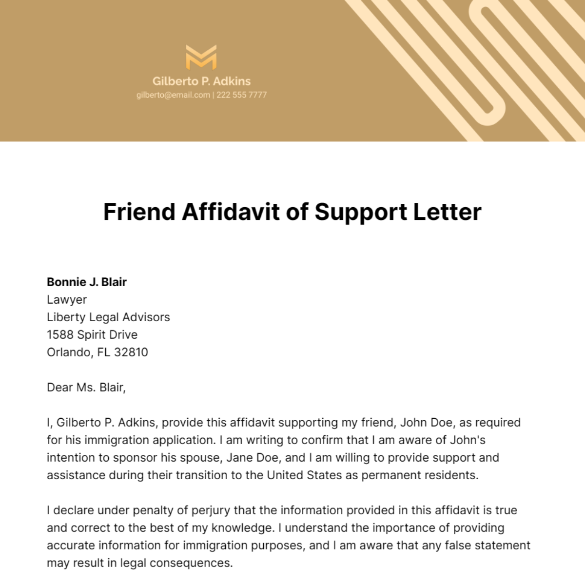 Free Friend Affidavit of Support Letter  Template