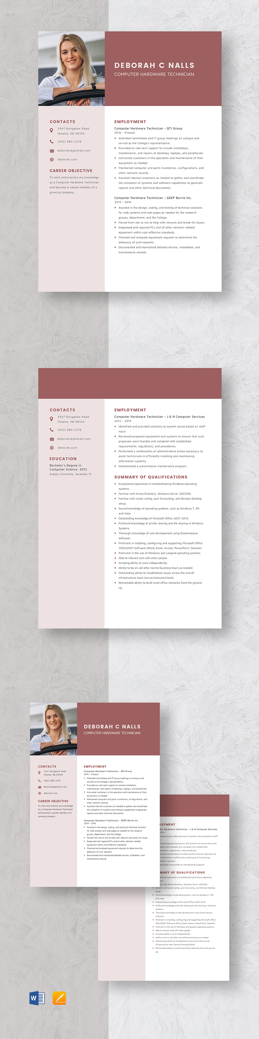 Free Computer Hardware Technician Resume Template Word, Apple Pages