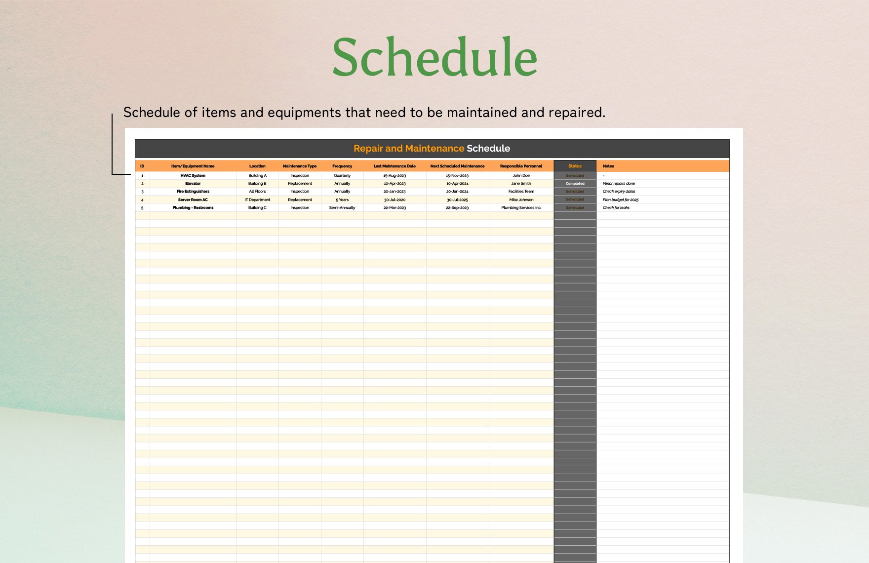 Repair and Maintenance Schedule Template