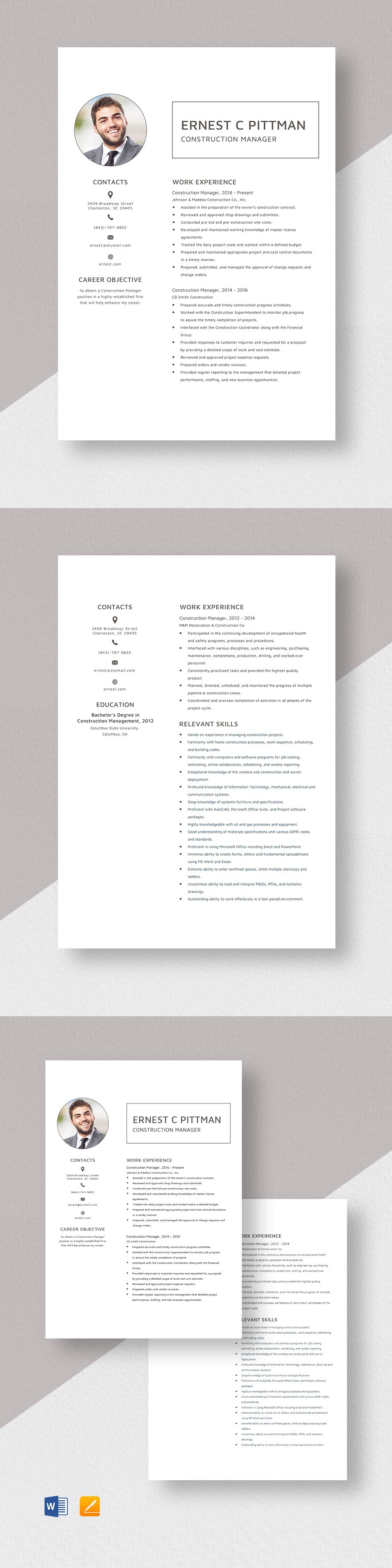 Construction Manager Resume Template Word Apple Pages Template net
